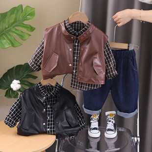 男童春秋套装2024新款宝宝春装皮衣马甲三件套婴儿小童衬衣男孩潮