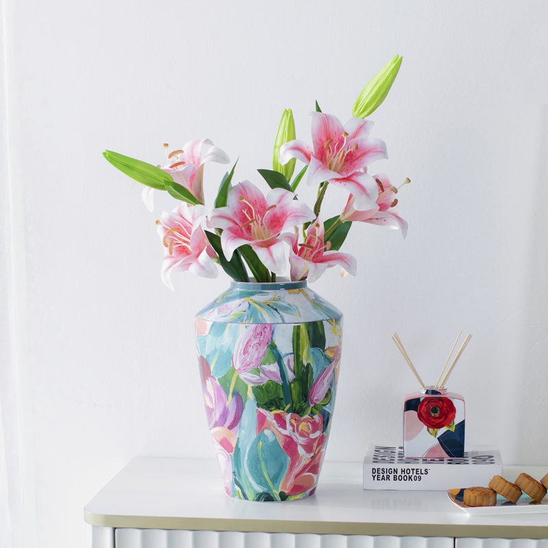 柏梵现代欧式田园油画玫瑰陶瓷花瓶茶几玄关餐桌高档插花装饰摆饰