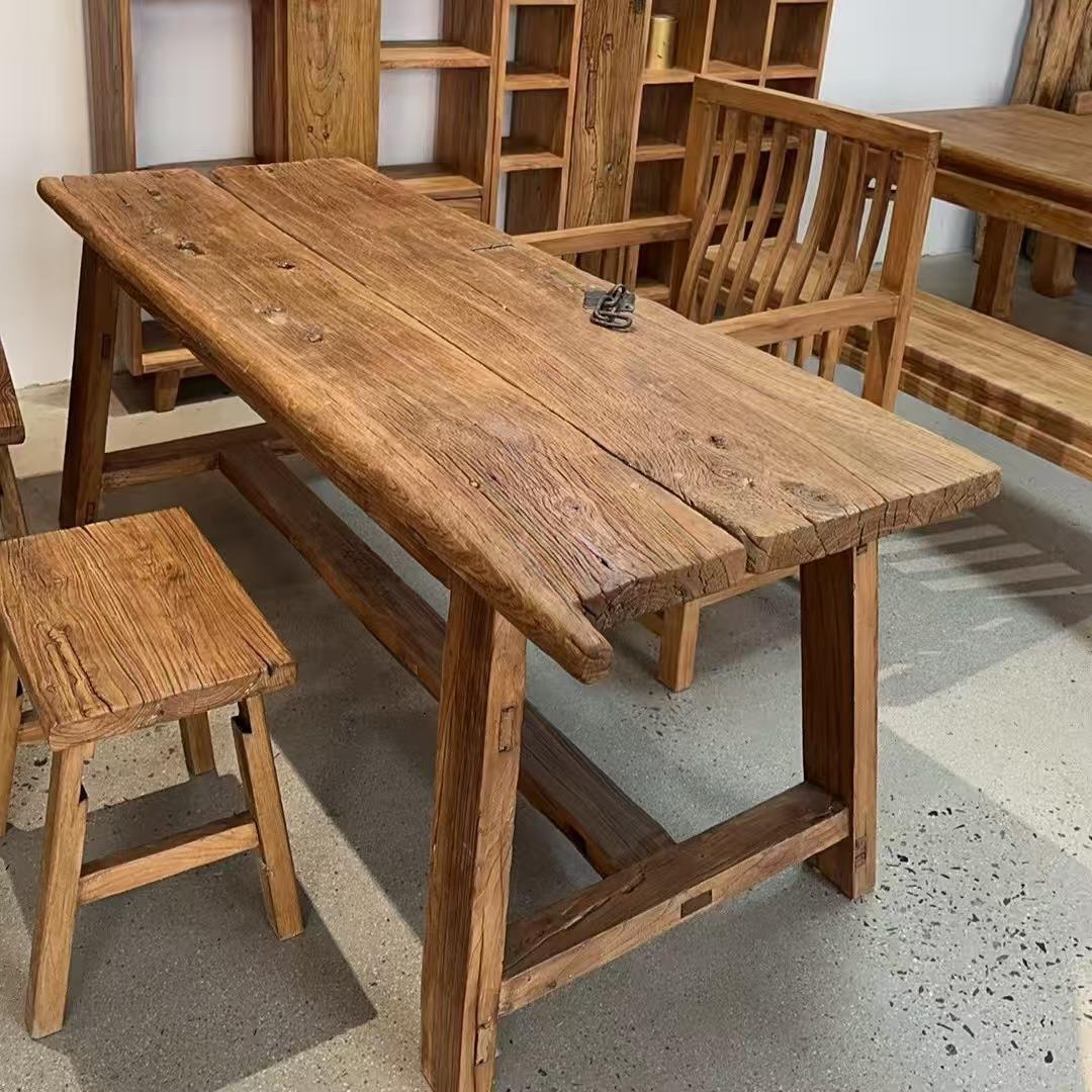 老榆木茶桌做旧门板餐桌复古家具门板桌庭院茶台桌自然纹理泡茶桌
