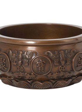 紫铜聚宝盆摆件铜工艺品客厅玄关书柜办公桌博古架家居装饰品摆设