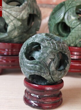 天然玉石鲁山绿套球转心球同心鬼工球转球镂空浮雕透雕圆雕龙凤纹