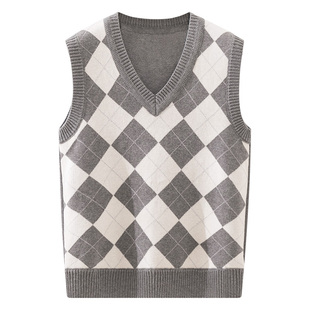 女童马甲儿童格子灰色毛背心男童毛衣针织加绒毛线大童学院风马夹