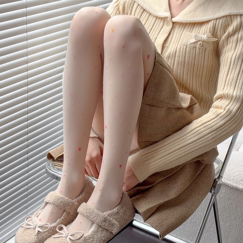 JK白丝袜女2025春季薄款米白色连裤袜防勾丝提花打底袜爱心黑丝袜