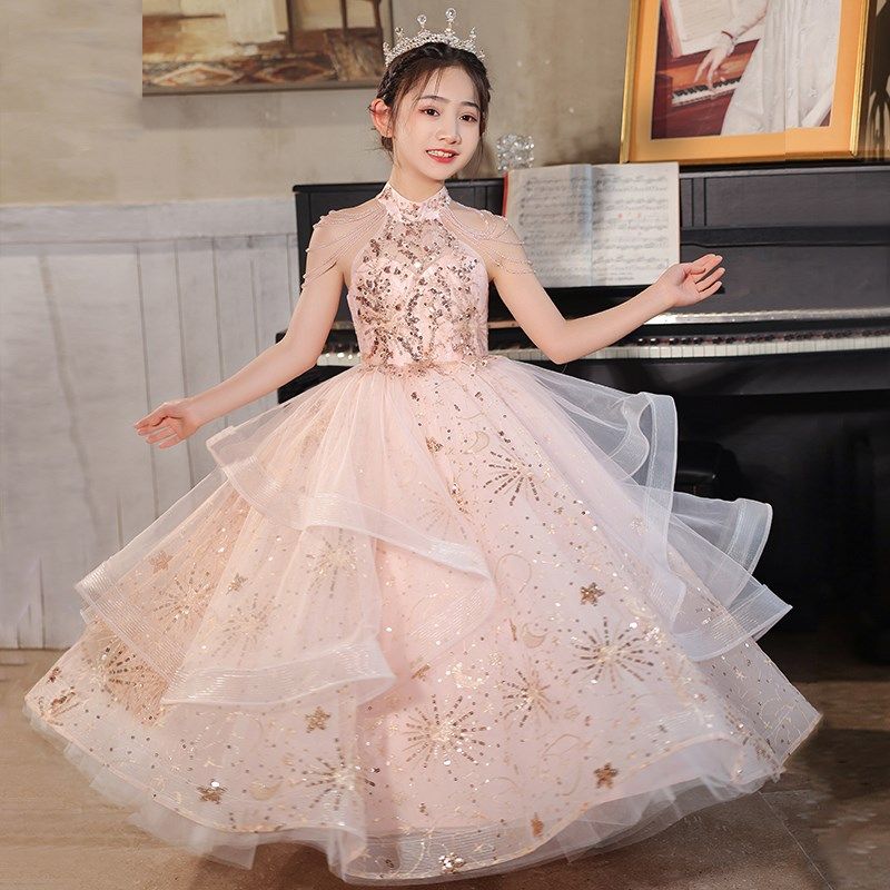 高端儿童晚礼服女童公主裙粉色花童小女孩挂脖主持人钢琴演出服夏