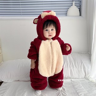 婴儿冬装宝宝衣服连体男女超萌可爱草莓熊加绒外出秋冬季外套洋气