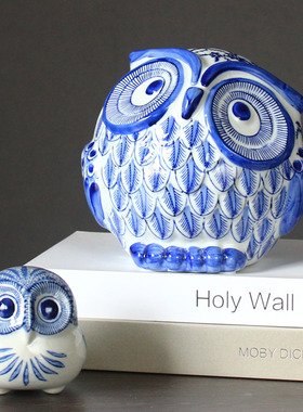 景德镇青花瓷陶瓷工艺品家居摆设猫头鹰摆件办公室桌面招财乔迁礼