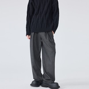 秋冬休闲长裤男士宽松直筒西裤灰色轻奢羊毛呢子阔腿西装裤子男潮