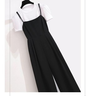 休闲背带裤女夏季薄款裤子新款高腰垂感吊带阔腿连体裤套装显瘦