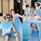 小清新一家三口短袖 t2025新款 夏季 海边度假母女吊带连衣裙亲子装