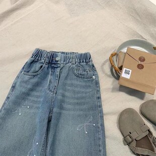 女童牛仔裤春秋2025新款儿童子珍珠水钻蝴蝶直筒阔腿窄版大童长裤