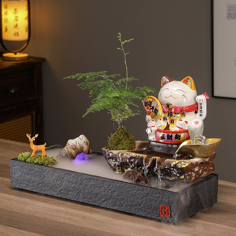 招财猫流水生财摆件循环水晶球水车风水轮装饰客厅办公室桌面水景