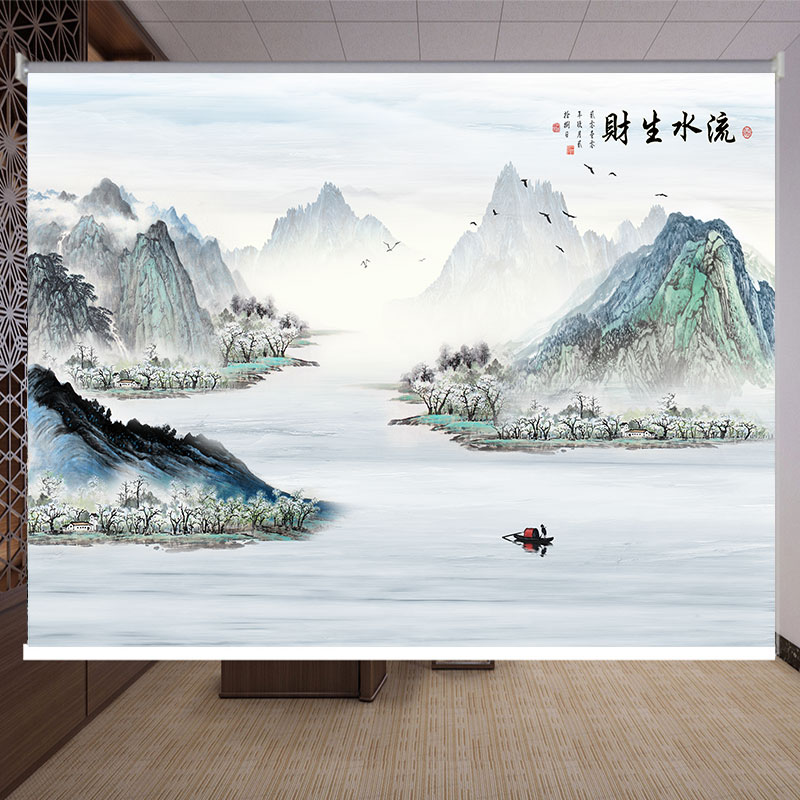 定制卷帘办公室客厅会议室老板经理书房茶室山水图案窗帘挂画遮晒