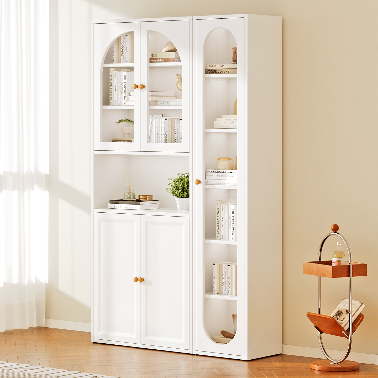 奶油风书柜落地组合钢制储物柜家用书架现代简约玻璃门防尘收纳柜