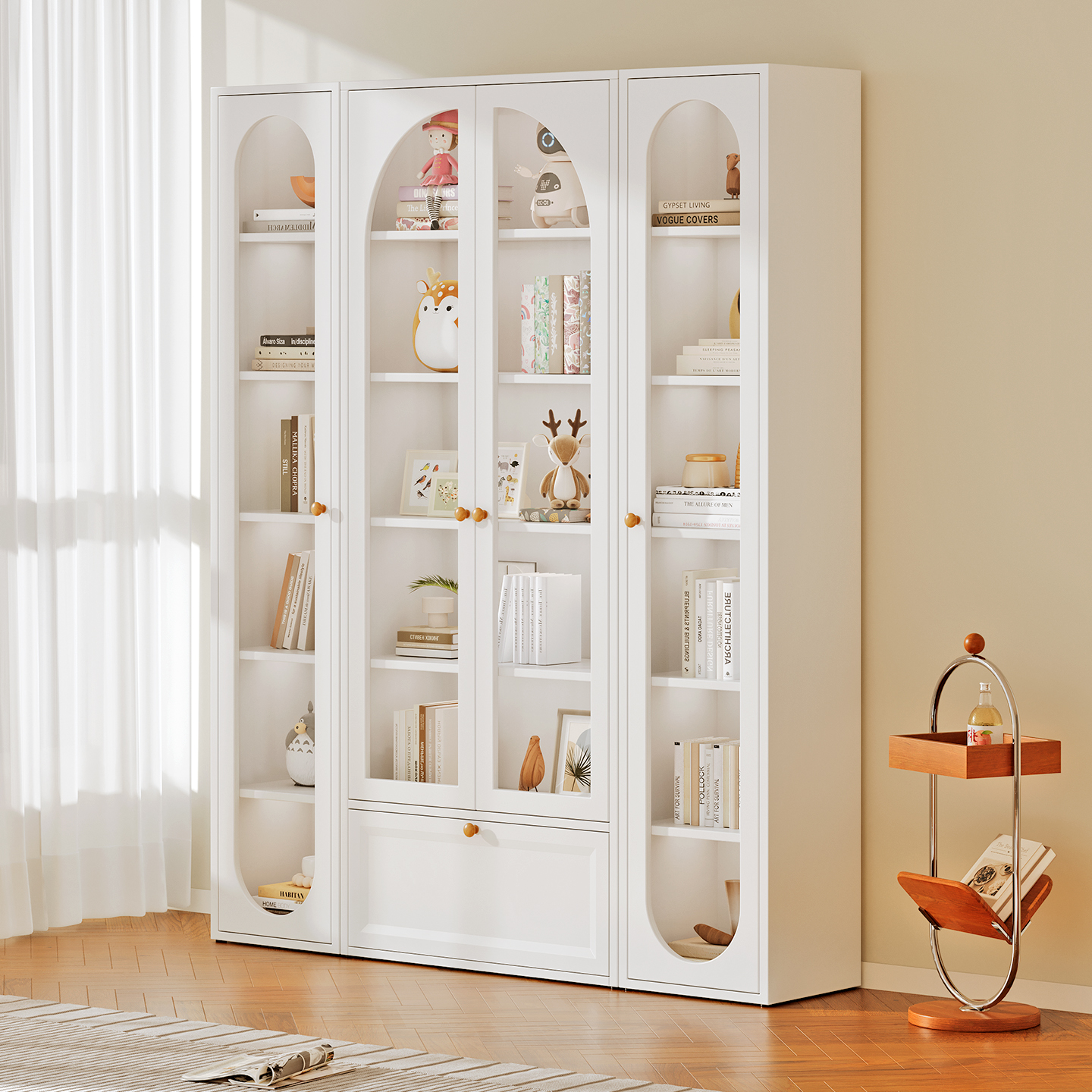 澎木钢制不锈钢奶油风书柜防尘