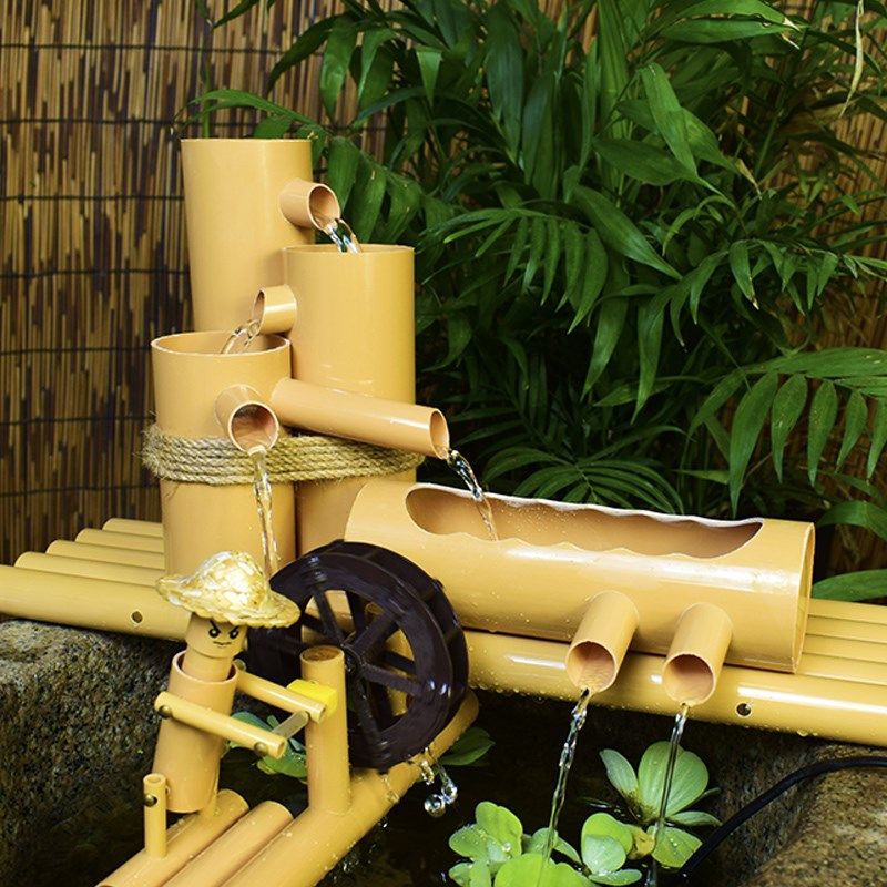 PC流水水缸养鱼循环水车造景装饰竹子增氧三合一圆缸