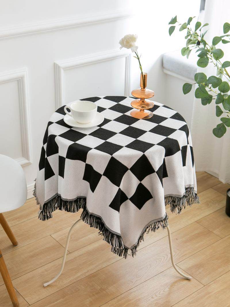 in棋盘格子高级感餐桌桌布书桌卧室茶几民宿软装背景布加厚