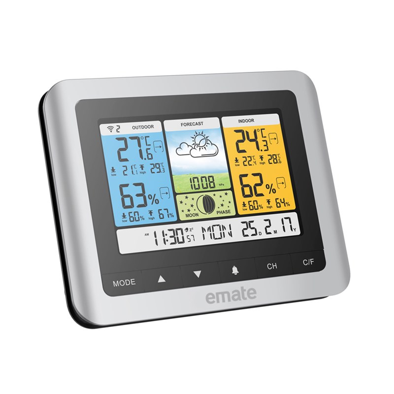 易美特彩屏背光气象站家用无线电子温度计湿度室内外天气挂表闹钟