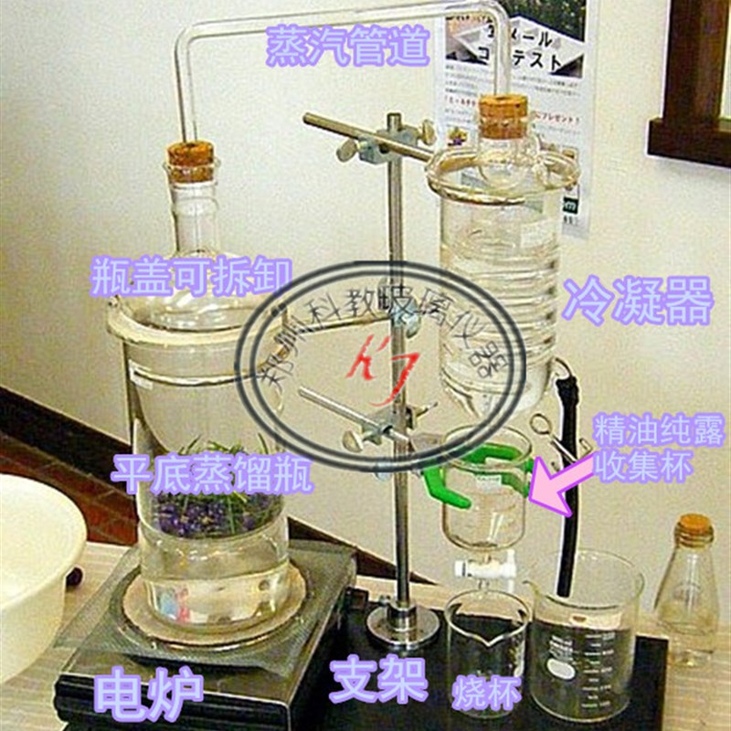 精油提取蒸馏装置5L 10L玻璃蒸馏仪器平底带支架电炉大型冷凝