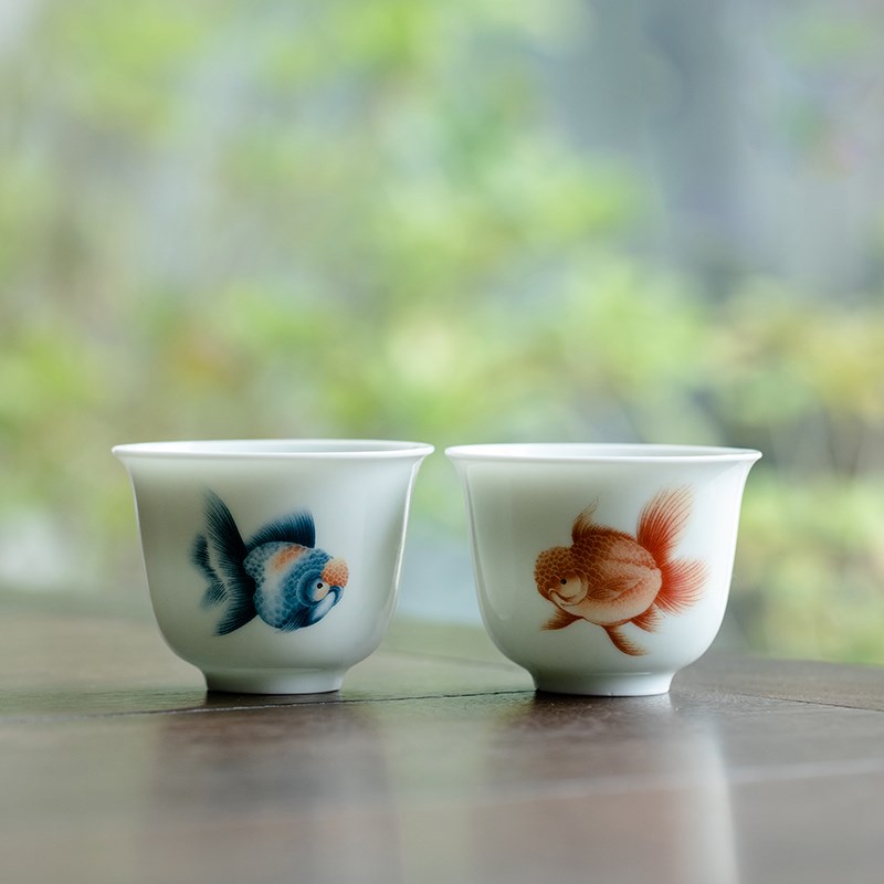 仿古胖头鱼反口杯个人专用主人杯情侣对杯白瓷品茗杯陶瓷功夫茶具