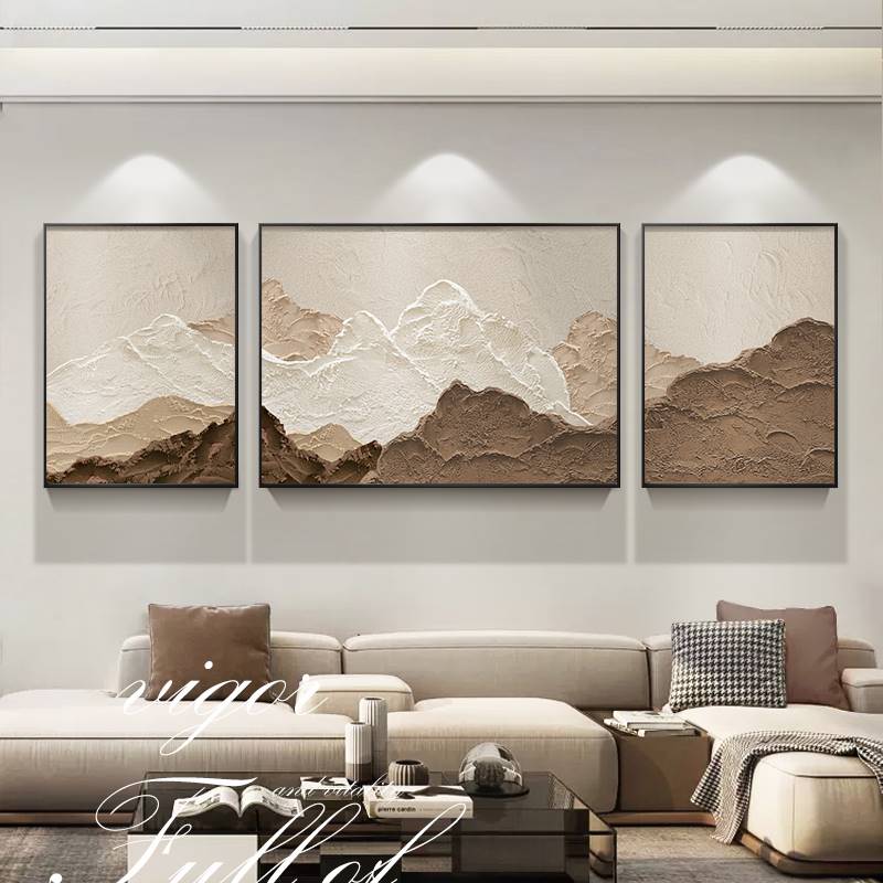 现代简约客厅装饰画抽象肌理感沙发背景墙挂画背有靠山三联组合画