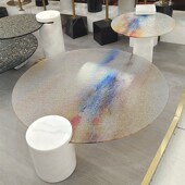 意式 极简水波纹钢化玻璃办公茶几客厅小户型大理石边几