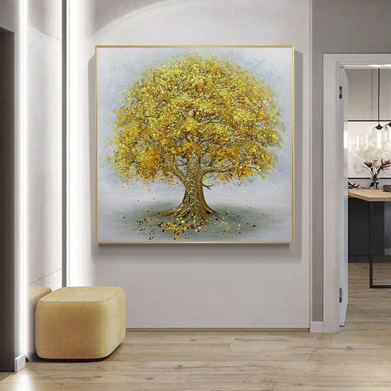 金色发财树客厅装饰画入户过道铝合金有框挂画现代植物方形艺术画图片