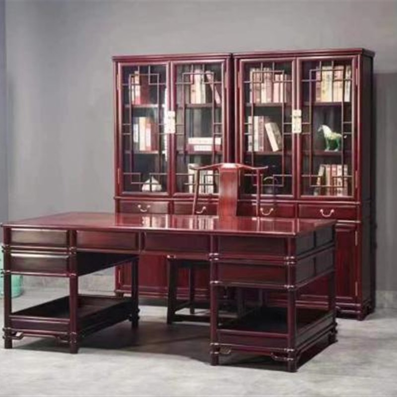 赞比亚血檀红木家具实木书柜玻璃门紫檀储物柜书柜中式展示柜书架