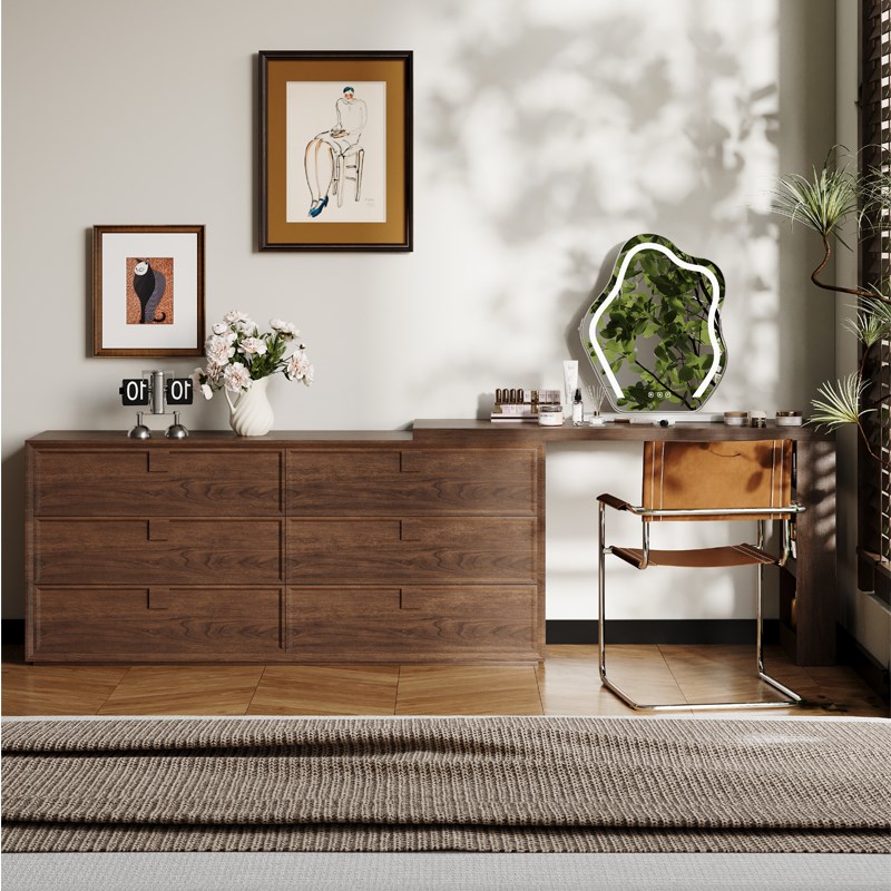 实木梳妆台斗柜一体现代简约床尾化妆桌小户型收纳柜胡桃木色书桌