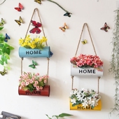 花桶挂墙麻绳彩色挂桶铁艺壁挂花器花盆园艺装 饰墙面插花桶花盆