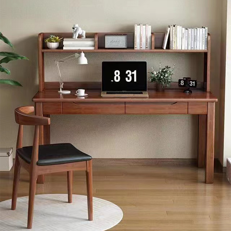 全实木书桌简约办公桌家用电脑桌学生学习桌带书架一体儿童课桌椅