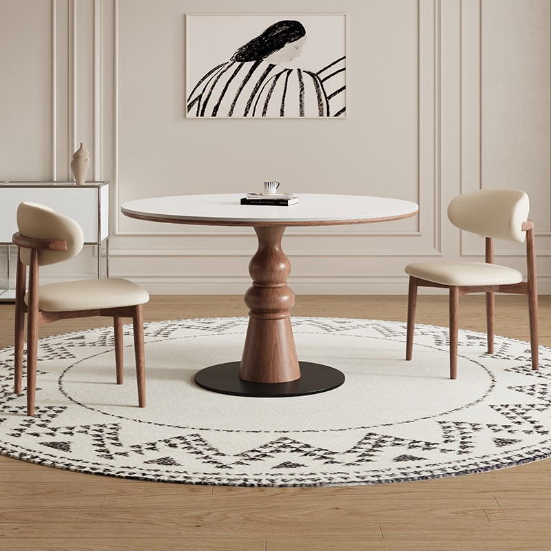 德利丰实木岩板餐桌家用圆形接待法式奶油中古风高端全托圆桌饭桌