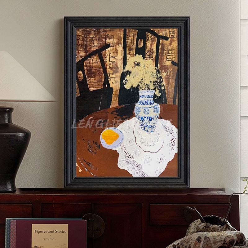 法式复古风抽象静物桌面青花瓷花瓶客厅装饰挂画侘寂玄关艺术摆件图片