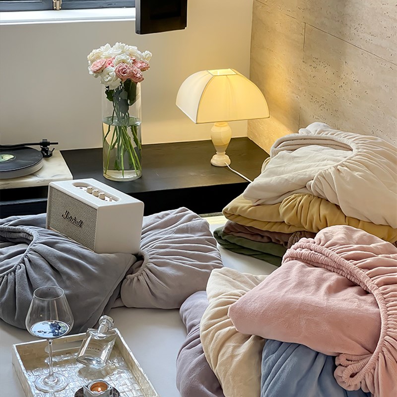 奶油系/纯色加厚单件床单家用保暖毛绒床笠床垫保护罩