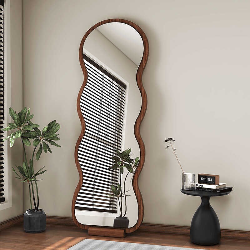 家用异形镜子实木客厅圆头波浪中古风落地镜子试衣穿衣镜全身镜