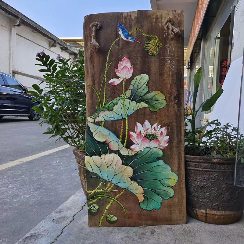 中式复古手绘木板画卧室客厅风化木装饰挂画荷花室内户外牌匾定制图片