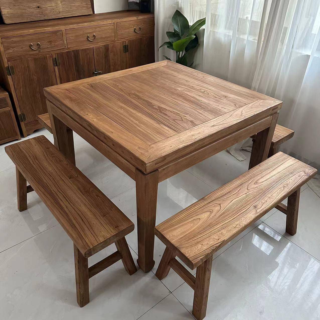 老榆木老式家用中堂八仙桌正方形实木商用餐桌复古仿古农村四方桌