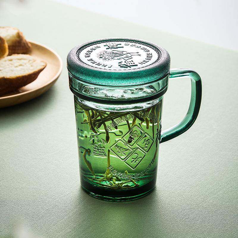 雀神发财玻璃杯带盖子家用办公室泡茶杯耐高温国潮创意喝水杯子礼