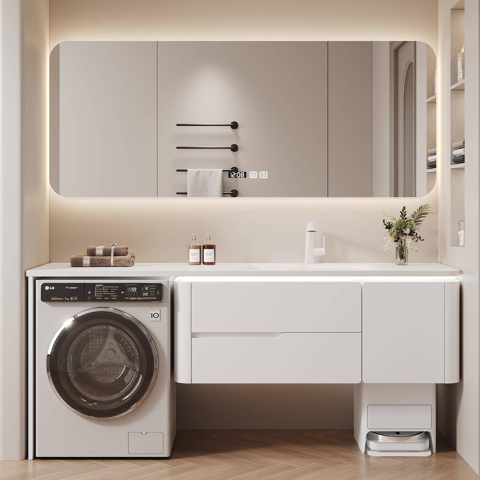 现代岩板热弯一体盆洗衣机浴室柜组合阳台卫生间洗手洗脸盆卫浴柜