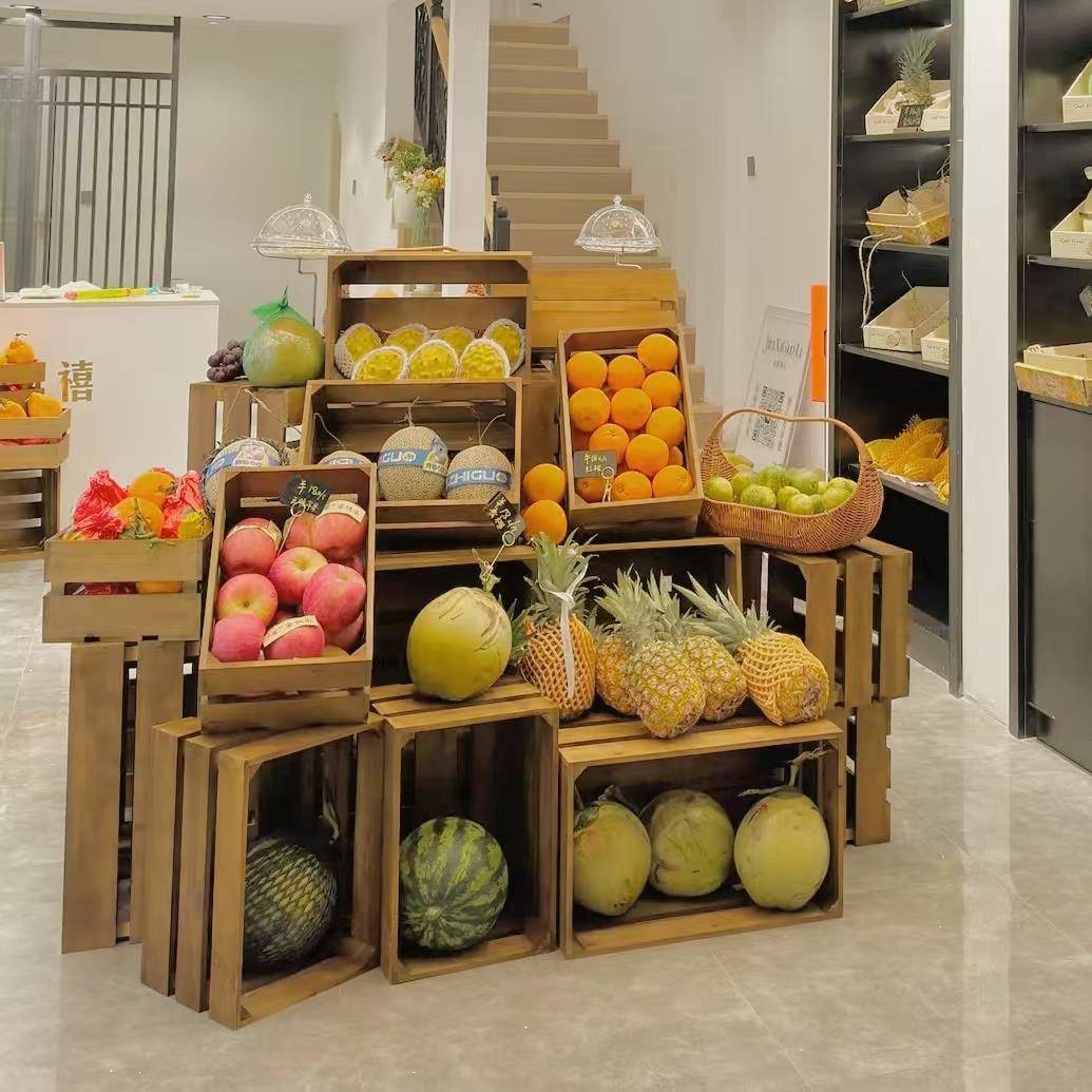 法式水果木箱木盒超市堆头木框实木木框复古箱收纳木盒商品展示筐