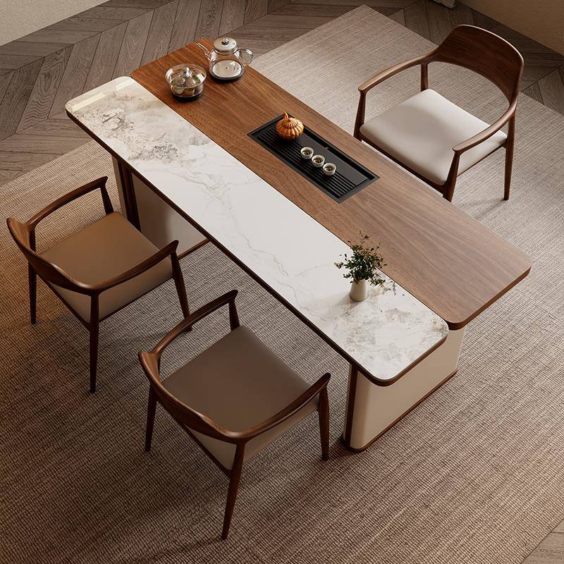 新中式实木岩板茶桌椅组合家用阳台办公室功夫泡茶台烧水壶一体