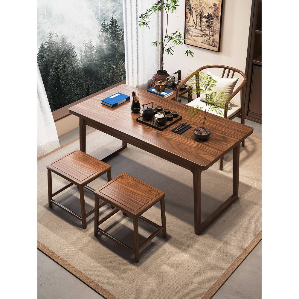 老榆木茶桌椅组合新中式泡茶桌小户型休闲桌椅家用茶台书桌一体