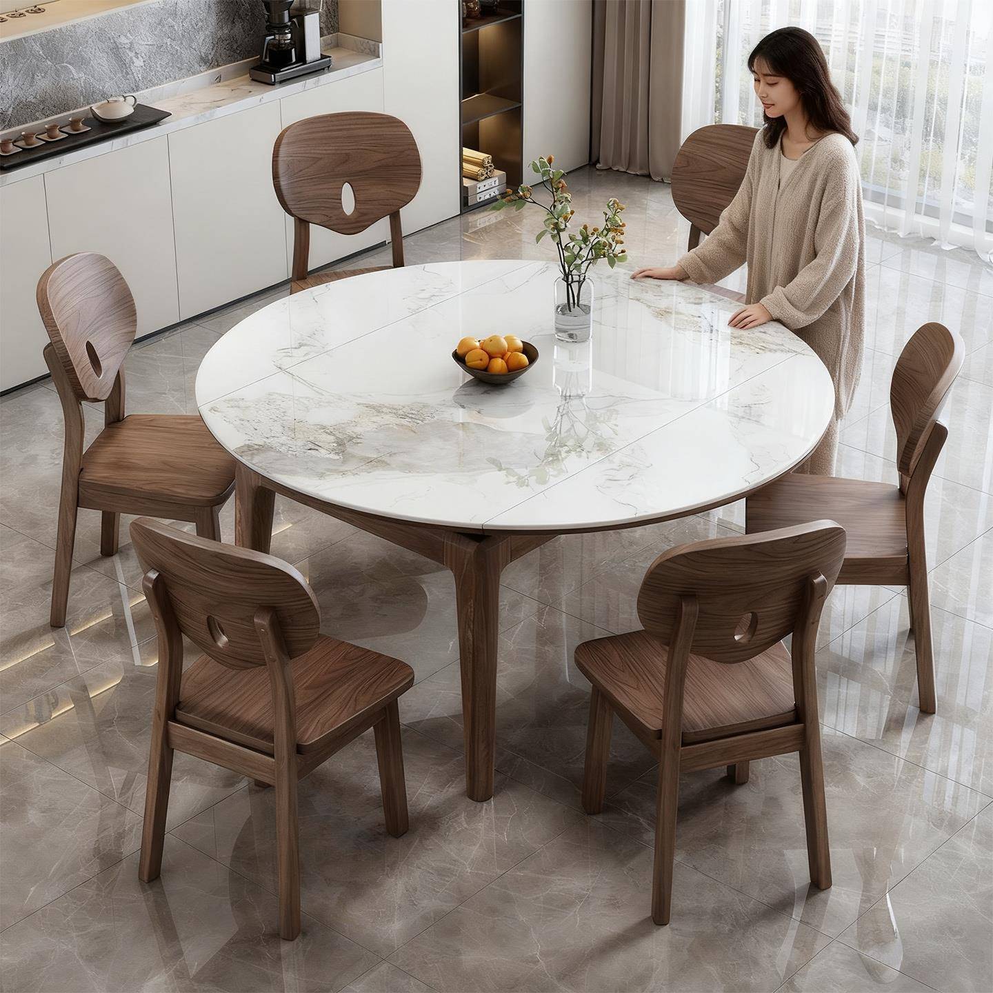 黑胡桃木岩板餐桌椅现代简约小户型家用实木伸缩可折叠饭桌子