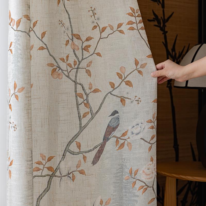 宋式美学亚麻窗帘纱帘新中式花鸟山水禅意纱帘古风古典中国风书房
