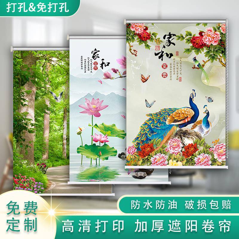 爆款定制卷帘窗帘免打孔安装遮阳隔热遮挡防水防油卷拉式遮光拉珠