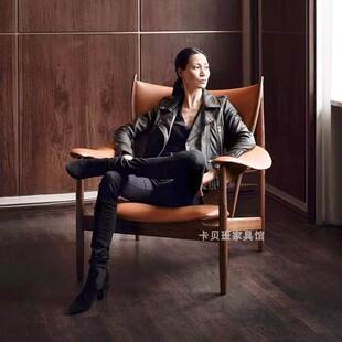 主人酋长椅真皮椅子客厅休闲单人椅意式实木阳台设计师复古沙发椅