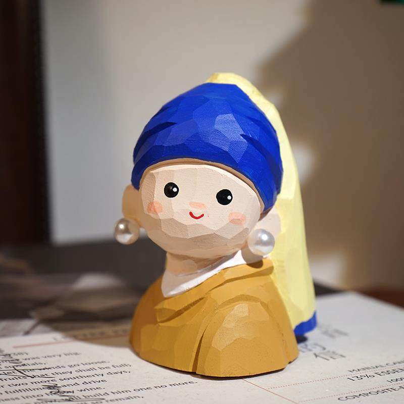 《戴珍珠耳环的少女》手工木雕小摆件世界名画艺术文创桌面装饰品