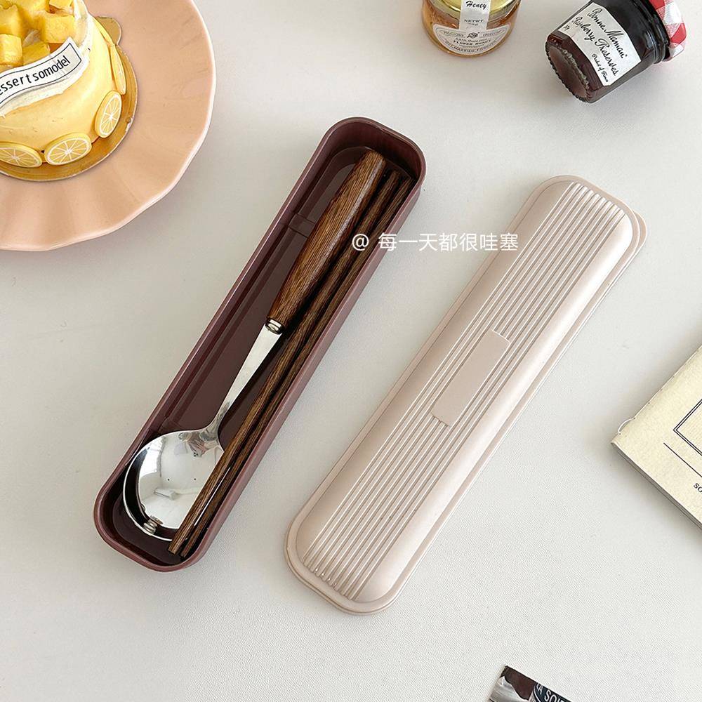 ins韩国实木质筷子勺子套装可携式收纳盒覆古高级感一人学生用