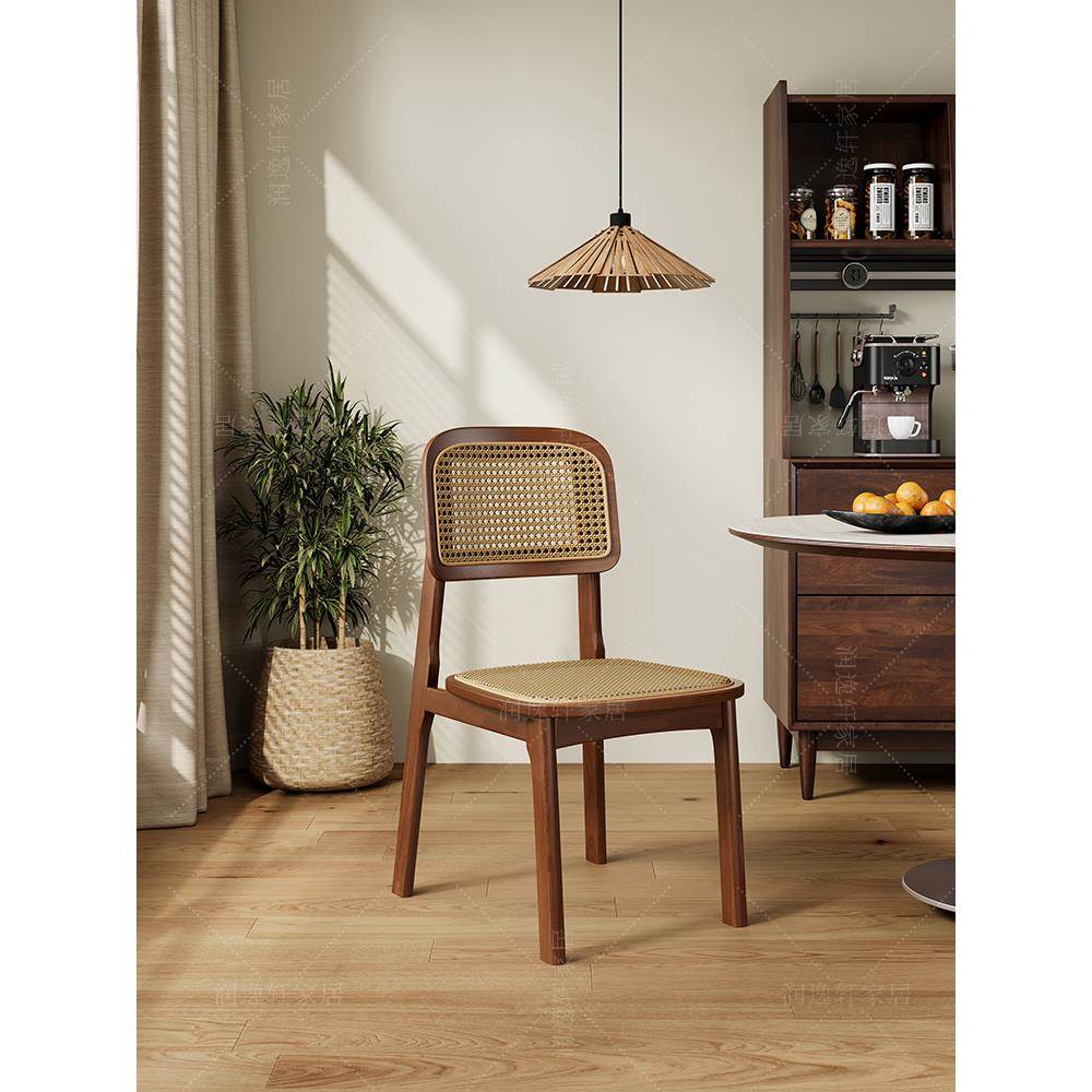 实木餐椅中古风家用靠背椅子藤编椅子法式复古高级餐厅民宿餐桌椅