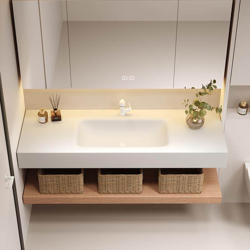 原木风极简浴室柜定制岩板热弯一体洗漱台卫生间洗手洗脸盆柜组合