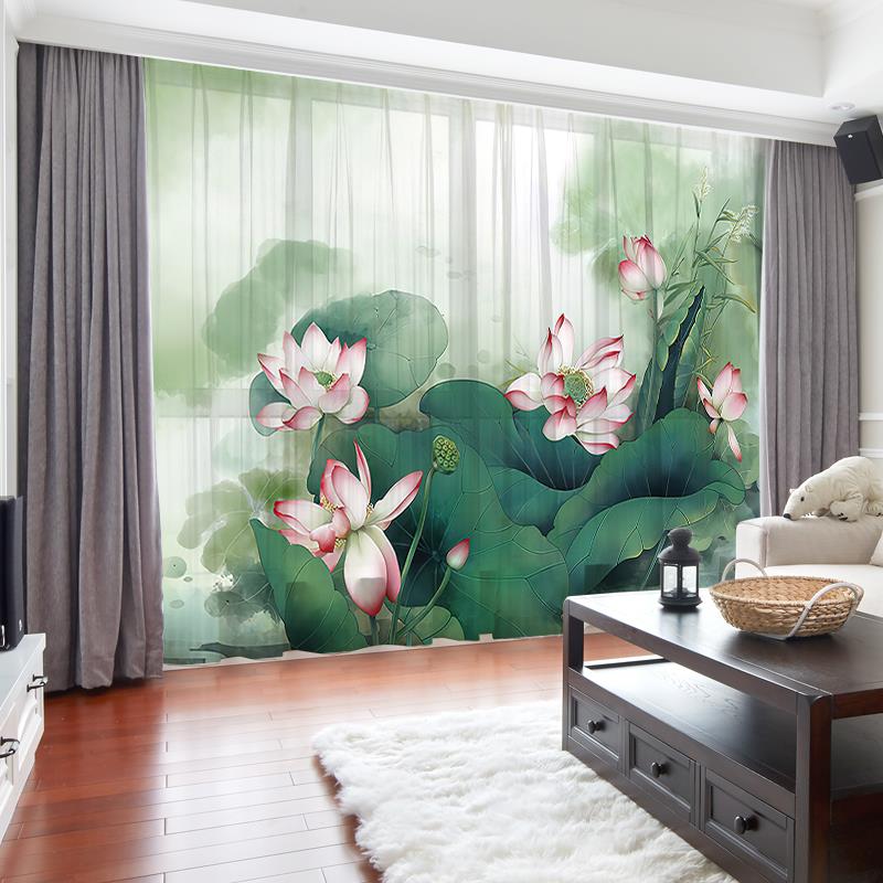 绿色荷花中式窗帘半遮光卧室客厅落地窗飘窗阳台纱帘中国风隔断帘